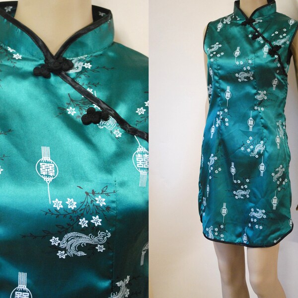90s Oriental Silk Cheongsam Dress, Vintage Green Floral Chinese Short Length Collared VTG 1990s Size XS-S