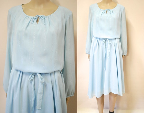 70s Pastel Blue Metallic Puff Sleeve Dress, Vinta… - image 1
