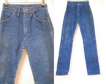 90er Jahre Denim Vintage hohe Taille Wrangler Jeans, Hipster blau gerade Bein Hose, neunziger Jahre VTG 1990er Jahre Größe S