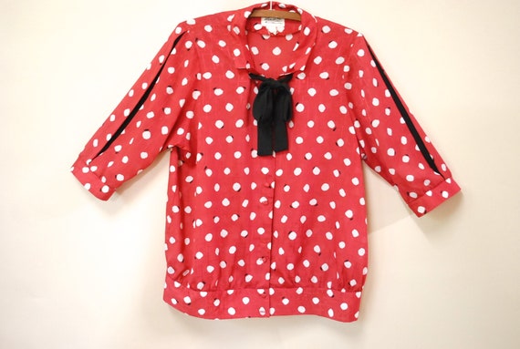 80s Hipster Polka Dot Pussy Bow Blouse, Vintage S… - image 1