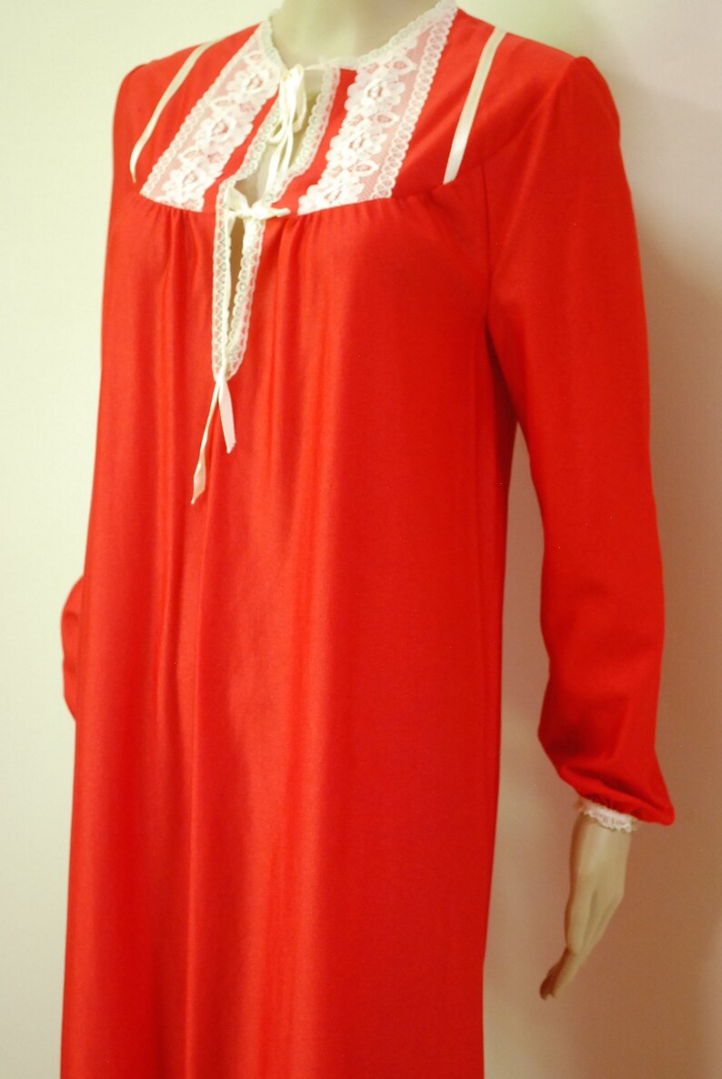 70s Red Lace Slip Nightie Dress Vintage Long Length Long Sleeves Retro Tie Up Front Hippie Lingerie VTG Seventies 1970s Size S-M