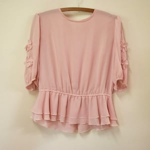 70s Pastel Pink Semi Sheer Puff Sleeve Top, Cute Vintage Applique Flowers, Retro Seventies Pastel Pink VTG 1970s Size S
