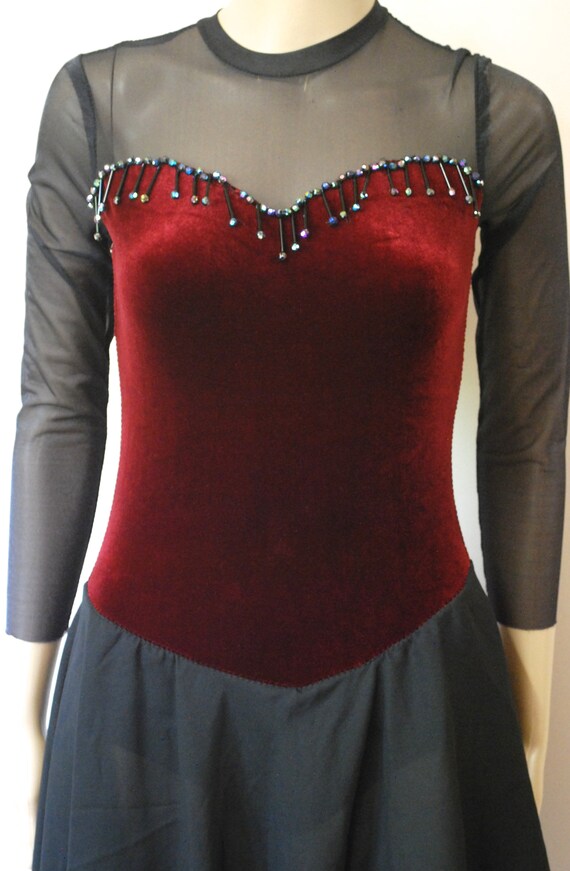 90s Blood Red Velvet Bodysuit Dress, Vintage Hank… - image 3