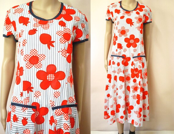 Vintage 70/'s Red White Floral Fleur de Lis Print Sheath Dress Size SM