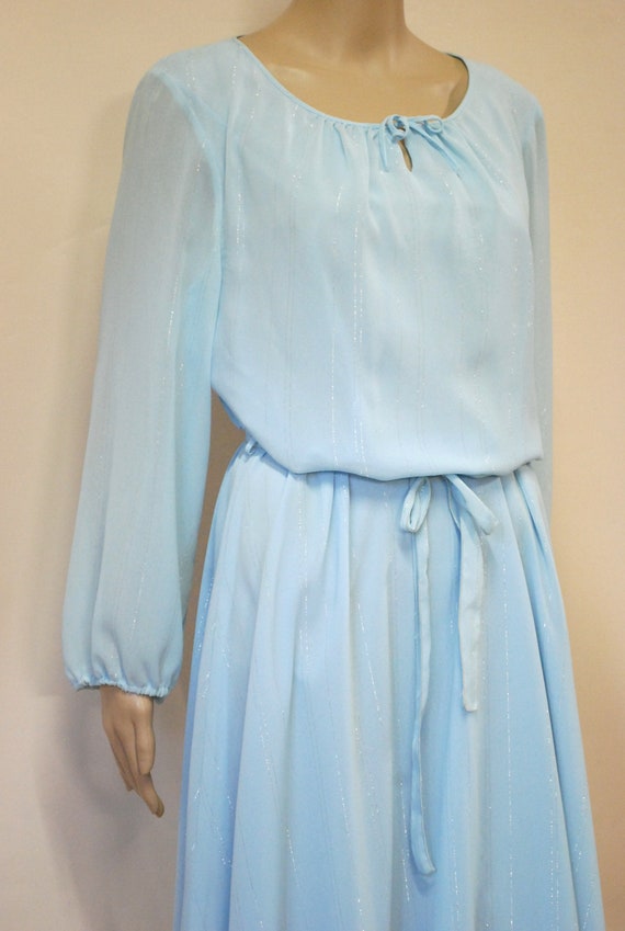 70s Pastel Blue Metallic Puff Sleeve Dress, Vinta… - image 8