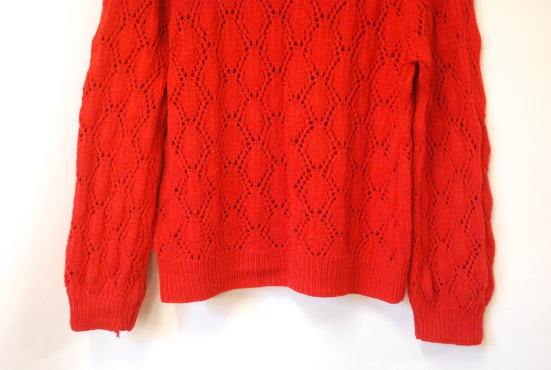 70s Red Knitted Sweater Vintage Wool Blend Jumper Retro Crochet Wide Neckline Vtg 1970s Size S-M