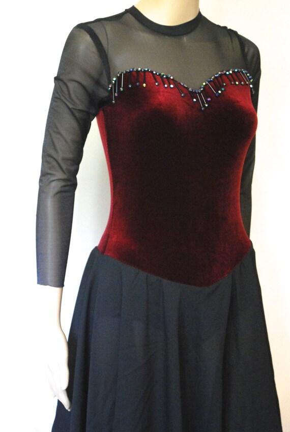 90s Blood Red Velvet Bodysuit Dress, Vintage Hank… - image 8