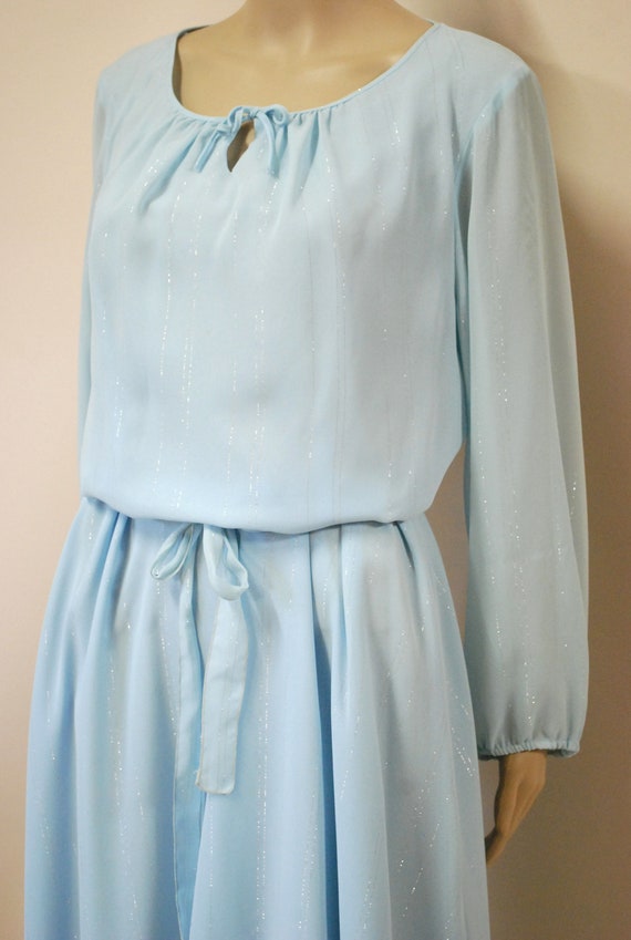 70s Pastel Blue Metallic Puff Sleeve Dress, Vinta… - image 7