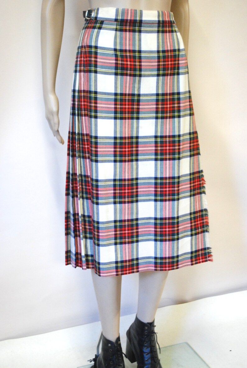 70s Tartan Wool Skirt Vintage Plaid Pleated Kilt Checkered Retro Check Mid Length Wrap Buckles High Waist Vtg 1970s Size M