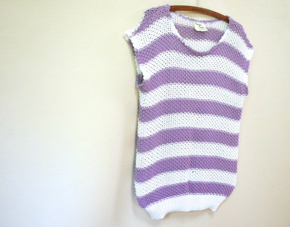 80s Unisex Vintage Crochet Knit Striped Vest, Sle… - image 4