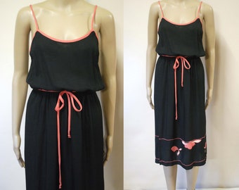 70s Gorgeous Black Applique Dress, Vintage Flattering Retro Sleeveless Slip Semi Sheer Mid Length VTG 1970s Size XS-S