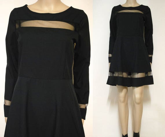 90s Black Peekaboo Sheer Lace Panel Dress, Vintag… - image 1