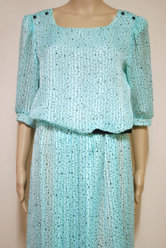 70s Vintage Puffed Sleeves Pastel Blue Dress, Sem… - image 5