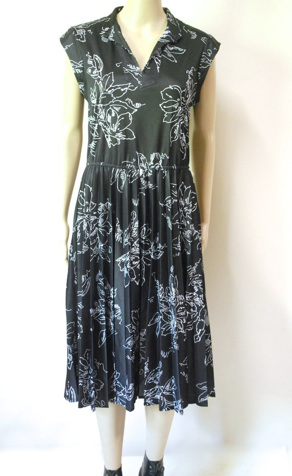 70s Black Abstract Artistic Floral Dress, Vintage… - image 2