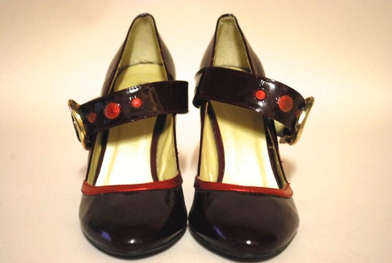 90s Patent Leather Mary Jane High Heel Shoes, Red… - image 3