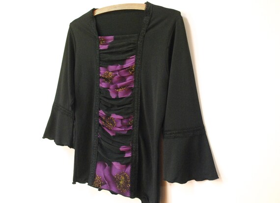 90s Floral Black and Purple Lace Blouse, Vintage … - image 6