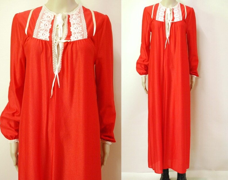 70s Red Lace Slip Nightie Dress Vintage Long Length Long Sleeves Retro Tie Up Front Hippie Lingerie VTG Seventies 1970s Size S-M