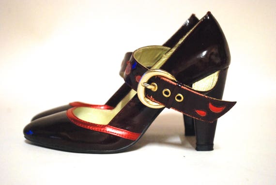 90s Patent Leather Mary Jane High Heel Shoes, Red… - image 1