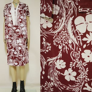 80er Jahre 2 Stück Floral Weste Jacke und Kleid Set, Vintage 80er Jahre Ensemble Retro Maroon weiß Hipster mittlere Länge VTG 1980er Jahre Größe M-L