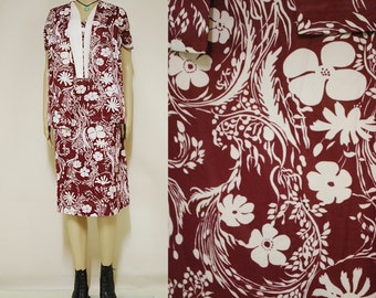 80s 2 piezas chaleco floral chaqueta y conjunto de vestido, Vintage ochenta conjunto retro maroon blanco Hipster media longitud VTG 1980s tamaño M-L