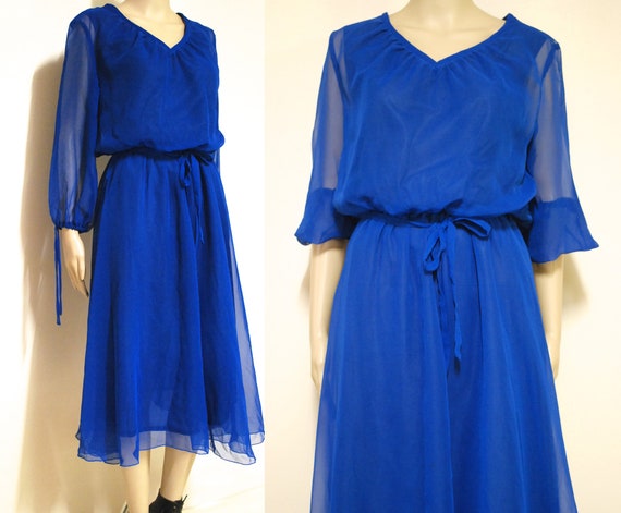 70s Blue Sheer layered Lace Dress, Vintage Mid Le… - image 2