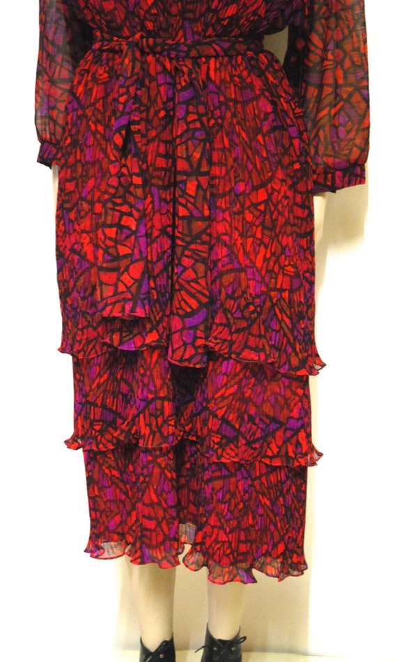 80s Vintage Red Abstract Cubist Print Dress, Tier… - image 4