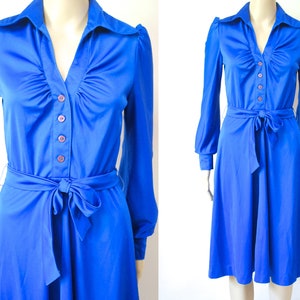70s Electric Blue Peter Pan Collar Dress, Vintage Ruched Bust Pointed Shoulder Long Sleeve Mid Length Retro VTG 1970s Size S