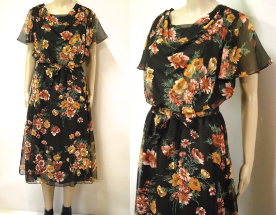 70s Black Floral Dress Flutter Sleeves M main image 1