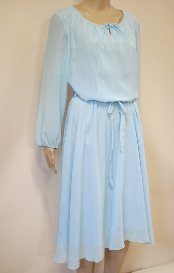 70s Pastel Blue Metallic Puff Sleeve Dress, Vinta… - image 5