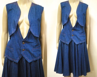 70s Denim on Denim 3 Piece Set, Western Vest and Full Skirt, Retro Vintage Waistcoat VTG 1970s Size S-M