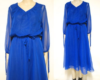 70s Blue Sheer layered Lace Dress, Vintage Mid Length with Waist Tie Long Sleeve Retro Hippie VTG Seventies 1970s Size S