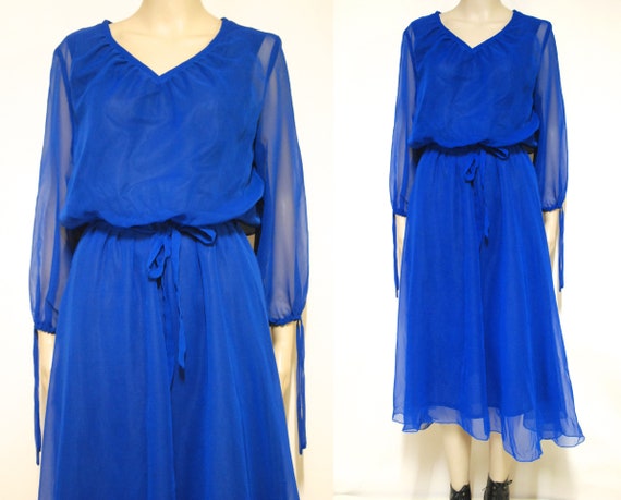 70s Blue Sheer layered Lace Dress, Vintage Mid Le… - image 1