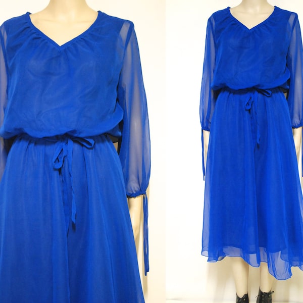 70er Jahre blau schiere geschichtete Spitze Kleid, Vintage Mittlere Länge mit Taille Krawatte Langarm Retro Hippie VTG 70er Jahre 1970er Jahre Größe S