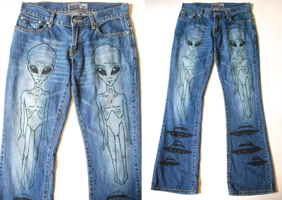 Hand Panted Alien and UFO Flared Denim Jeans, 00s