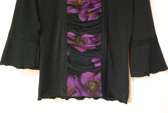 90s Floral Black and Purple Lace Blouse, Vintage … - image 3