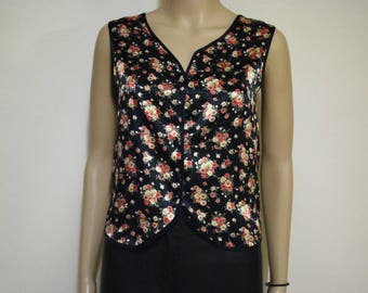 90er Jahre Vintage Floral glänzend Satin Weste Top, Nightie Singlet Neunziger Jahre Tee Dessous Singlet VTG 1990er Jahre Größe XS-S