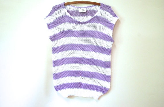 80s Unisex Vintage Crochet Knit Striped Vest, Sle… - image 1
