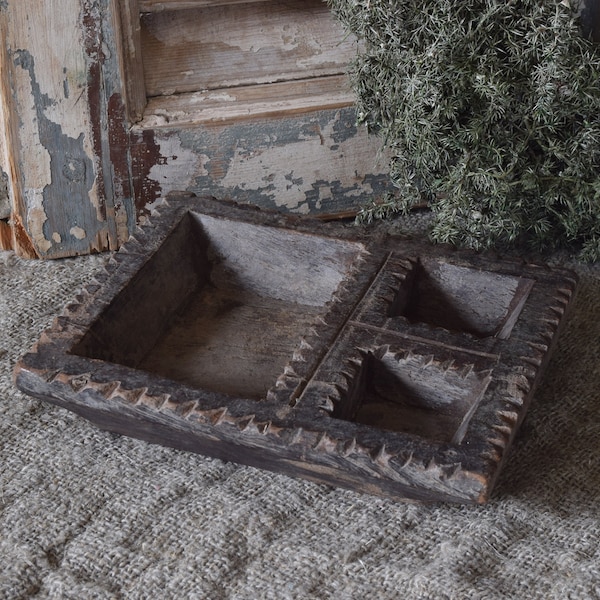 Authentic Old Indian Hand Carved Wooden Spice Herb Herbal Medicine Bowl Tray Box - Rectangular - 3 Different Models