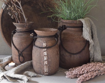Left Pot // Old Wooden Indian Himachal Pot / Nepalese Jug