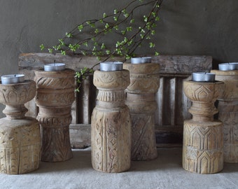 Engraved Candlestick Candle Holder In Recycled Bleached Wood