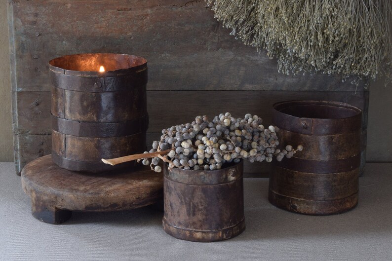 Lot Of Two Metal Iron Payali Indian Grain Measuring Cups Pots image 1