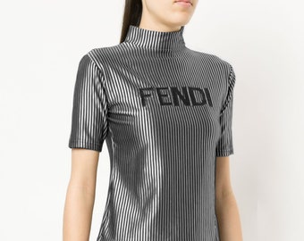 SALE! from 900 - Vintage FENDI Roma FF Striped Shiny Black and Silver Logo Shirt Top us 8