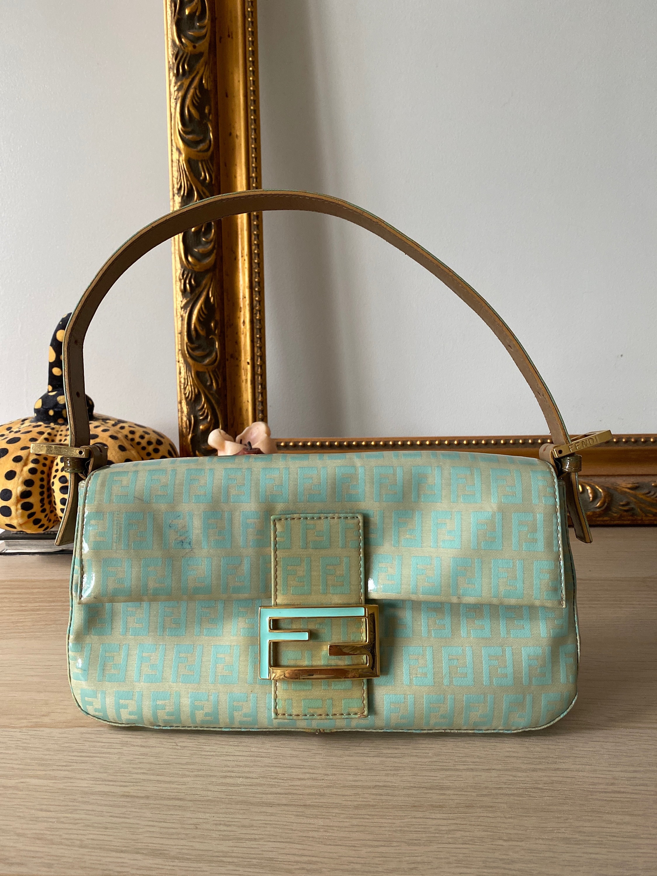 Fendi FF Vintage Mama Baguette in Dark Gray/Green Cotton with Teal Turquoise Hardware