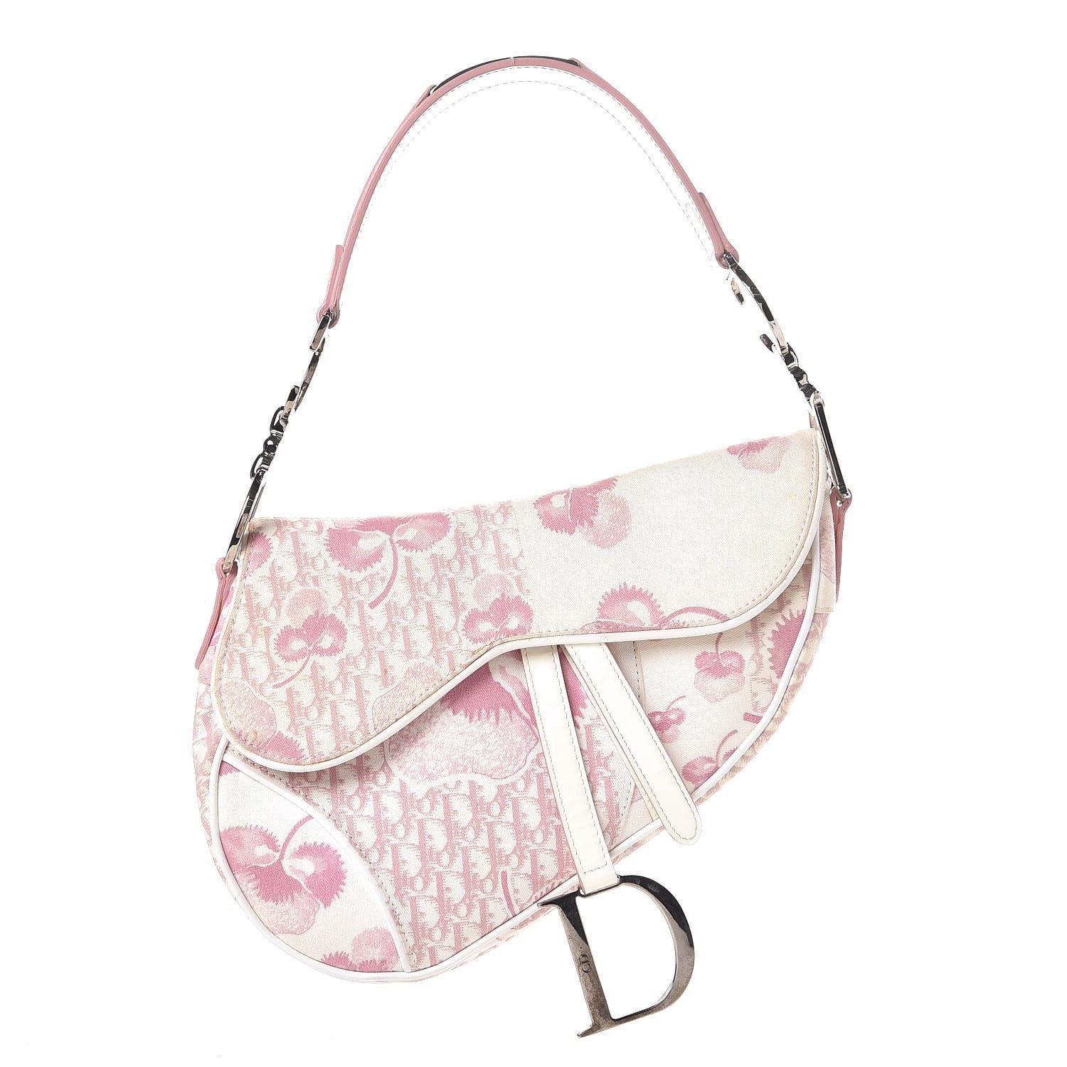 Dior Pink White Canvas Flower Saddle Bag 