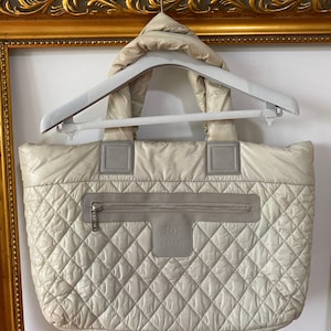 Authentic Chanel Coco Cocoon Nylon Tote Bag Tweed Print Cream Off White