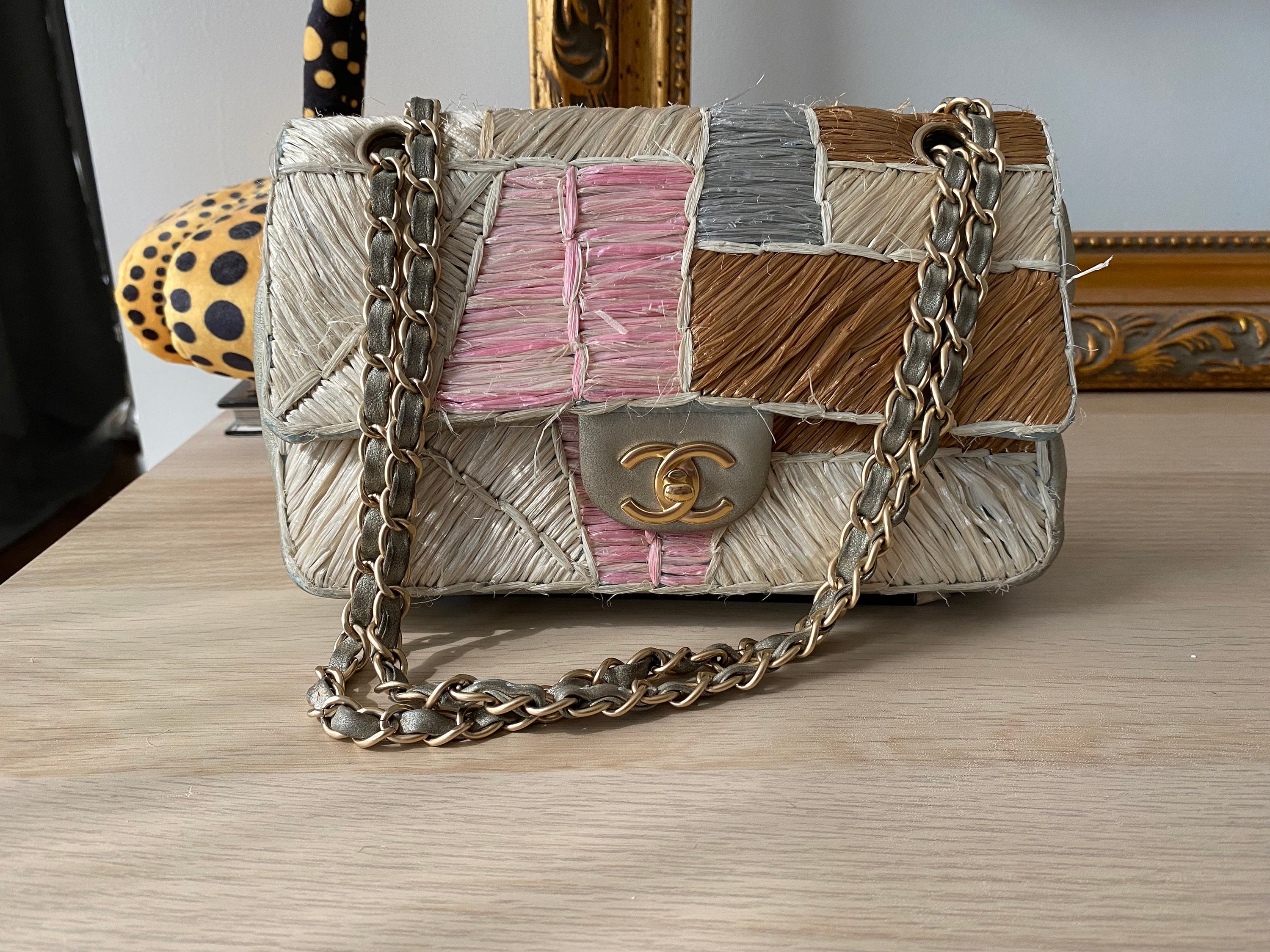 Vintage CHANEL Medium Patchwork Raffia Flap Bag With Brushed 