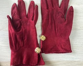 Vintage CHANEL Velours Gloves Mittens size 7.5 small medium red burgundy