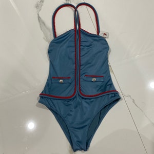 SALE! From 995 - CHANEL  Blue Red Trim Halter Swimsuit Bodysuit NO Belt