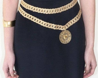 Costura de desenho animado MOSCHINO! Saia lápis preta bordada com corrente de ouro vintage. EUA 8