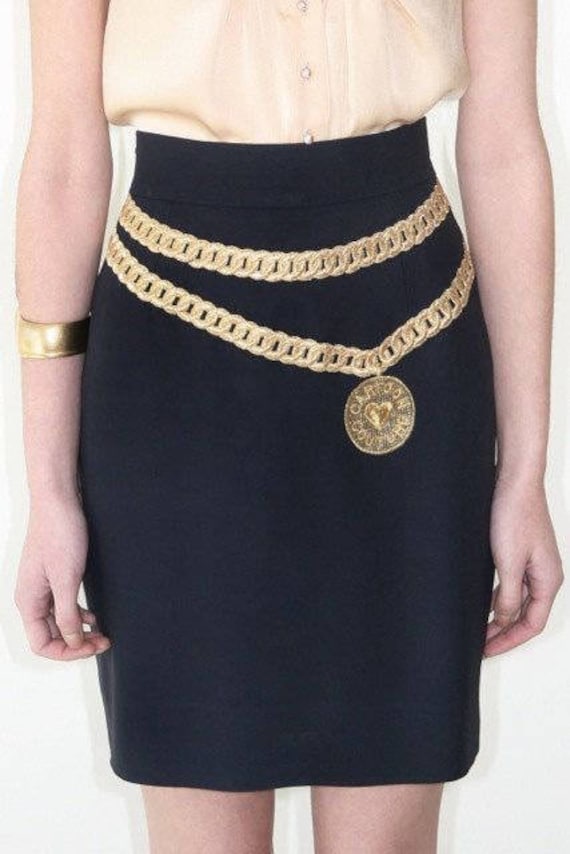 Moschino, MOSCHINO Cartoon Couture! Vintage Gold Chain Embroidered Black Pencil Skirt. USA 8